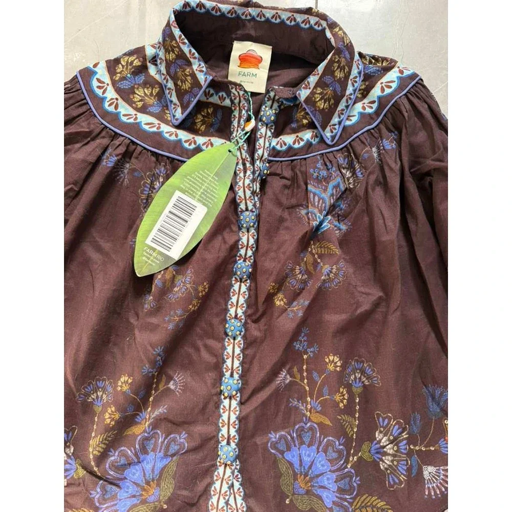 FARM Rio Brown Embroidered Garden Blouse – Size‎ XS – Brand New
